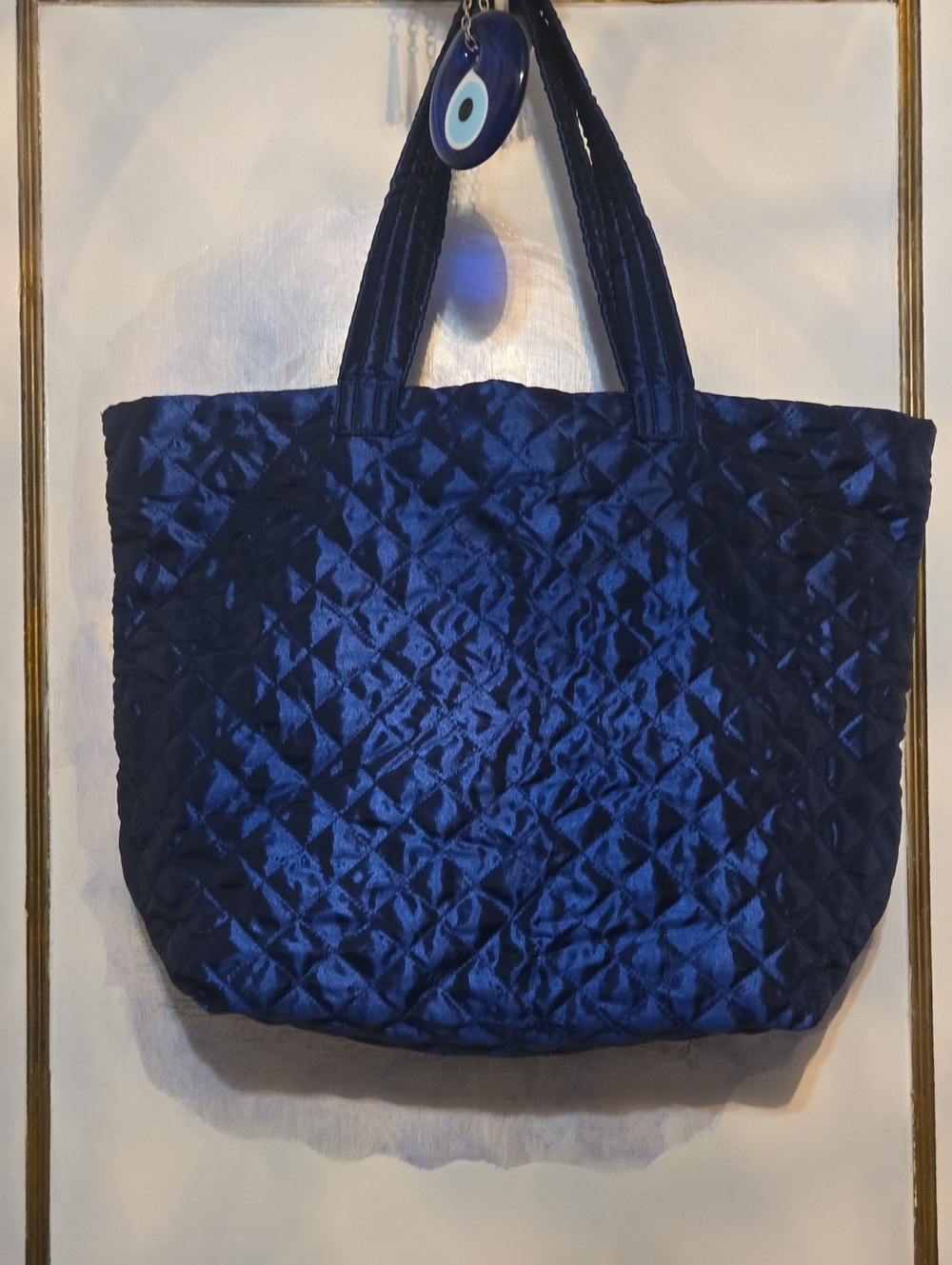 Large Quilted Satin Macy's Shopper Tote Bag in Cobalt Blue
